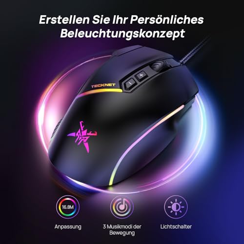 TECKNET Kabelgebundene Gaming Maus, 12800 DPI Einstellbar Mouse mit Optischem Sensor, 13 RGB-Lichter, 8 Programmierbare Tasten, Mäuse Mit Feuertaste, Gaming Mouse Für PC/Laptop, Nur Für Rechtshänder Bild 4
