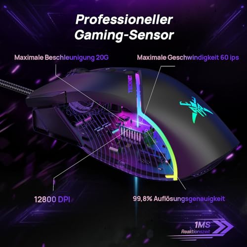TECKNET Kabelgebundene Gaming Maus, 12800 DPI Einstellbar Mouse mit Optischem Sensor, 13 RGB-Lichter, 8 Programmierbare Tasten, Mäuse Mit Feuertaste, Gaming Mouse Für PC/Laptop, Nur Für Rechtshänder Bild 5