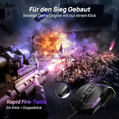 TECKNET Kabelgebundene Gaming Maus, 12800 DPI Einstellbar Mouse mit Optischem Sensor, 13 RGB-Lichter, 8 Programmierbare Tasten, Mäuse Mit Feuertaste, Gaming Mouse Für PC/Laptop, Nur Für Rechtshänder Bild 6