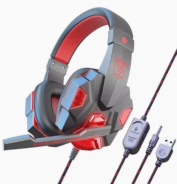 Gaming-Headset mit Mikrofon, 7.1-Surround-Sound, LED-Lichter, Rot und Grau Bild 1