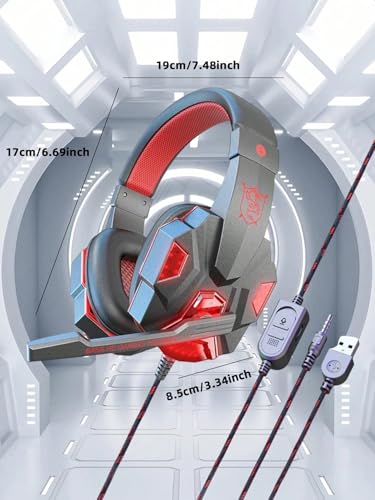 Gaming-Headset mit Mikrofon, 7.1-Surround-Sound, LED-Lichter, Rot und Grau Bild 4