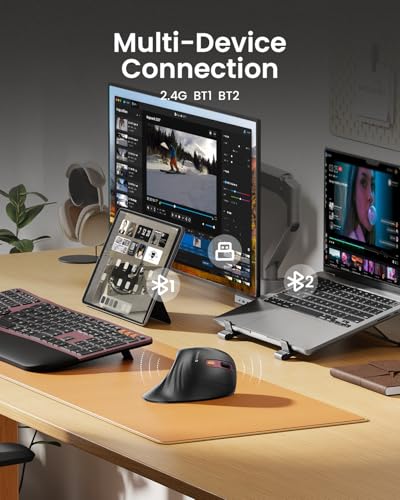 ProtoArc EM11 NL Ergonomische Vertikale Maus, Kabellos Aufladbar Mouse mit 3 Gerät (2*Bluetooth+USB), Vertikal Funkmaus für Computer, iPad, Mac, Windows - Schwarz und Rot Bild 4