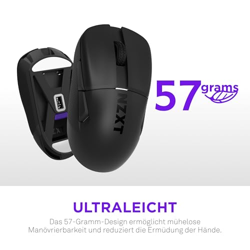 NZXT Gamingmaus Lift Elite Wireless – Ultraleicht: 57 g – Abfragerate 4K / 8K, optische Schalter, optischer Sensor mit 26K DPI – Lange Akkulaufzeit – Seitengriffflächen aus Gummi – Schwarz Bild 2