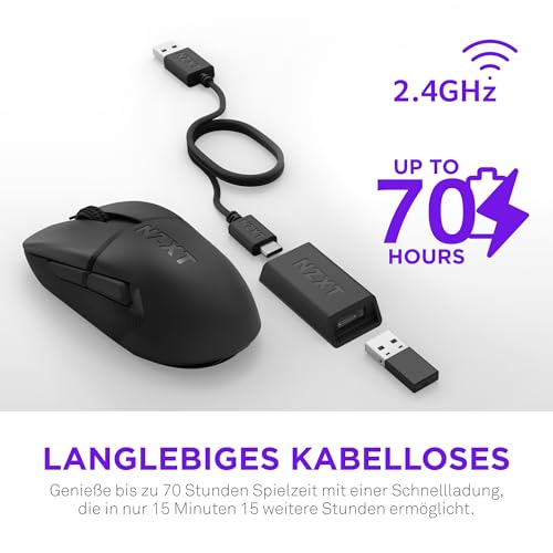 NZXT Gamingmaus Lift Elite Wireless – Ultraleicht: 57 g – Abfragerate 4K / 8K, optische Schalter, optischer Sensor mit 26K DPI – Lange Akkulaufzeit – Seitengriffflächen aus Gummi – Schwarz Bild 5