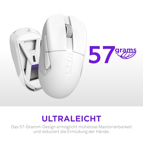 NZXT Gamingmaus Lift Elite Wireless – Ultraleicht: 57 g – Abfragerate 4K / 8K, optische Schalter, optischer Sensor mit 26K DPI – Lange Akkulaufzeit – Seitengriffflächen aus Gummi – Weiß Bild 2