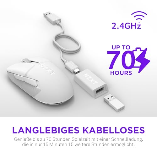 NZXT Gamingmaus Lift Elite Wireless – Ultraleicht: 57 g – Abfragerate 4K / 8K, optische Schalter, optischer Sensor mit 26K DPI – Lange Akkulaufzeit – Seitengriffflächen aus Gummi – Weiß Bild 5