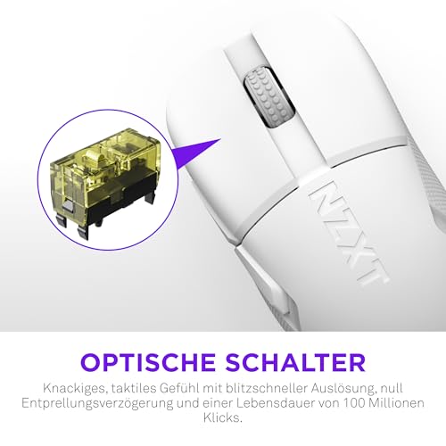 NZXT Gamingmaus Lift Elite Wireless – Ultraleicht: 57 g – Abfragerate 4K / 8K, optische Schalter, optischer Sensor mit 26K DPI – Lange Akkulaufzeit – Seitengriffflächen aus Gummi – Weiß Bild 6