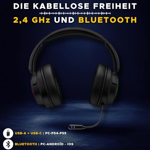 The G-Lab - Korp Iridium - Kabelloses Gaming Headset 2,4 GHz & Bluetooth, Hochwertiger Sound, Abnehmbares Mikrofon, 45H, RGB, Kunstleder-Ohrpolster - Gaming Headset PS5, PS4, PC, Switch, Android, iOS Bild 4