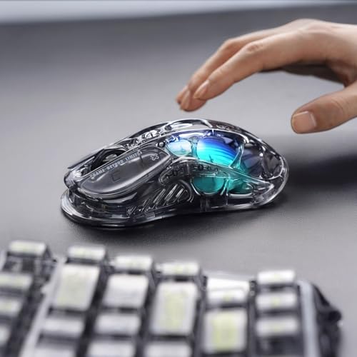 GravaStar Mercury M2 Transparent – Kabellose Gaming-Maus, 26.000 DPI, 79g Ultraleicht, PAW3395, 5 RGB-Modi, 5 Tasten, Tri-Mode (2,4GHz/Bluetooth/Kabel), für PC & Mac – Transparent Schwarz Bild 5