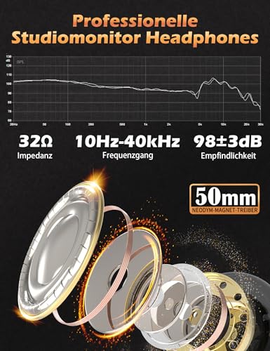 talomen TI660X Kopfhörer Over Ear,Kabelgebundene Stereo Musik Kopfhörer mit 50 mm Lautsprecher,HiFi Kopfhörer mit 3.5mm Klinke,6.35mm Adapter,austauschbaren Ohrpolster für Studio/DJ/Handy/PC/Laptop Bild 2