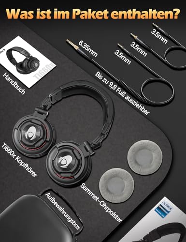 talomen TI660X Kopfhörer Over Ear,Kabelgebundene Stereo Musik Kopfhörer mit 50 mm Lautsprecher,HiFi Kopfhörer mit 3.5mm Klinke,6.35mm Adapter,austauschbaren Ohrpolster für Studio/DJ/Handy/PC/Laptop Bild 6