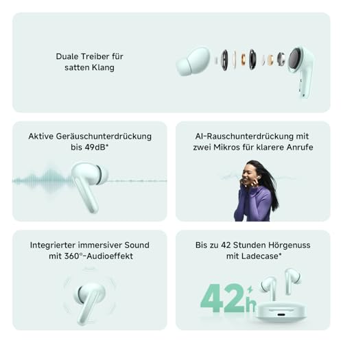 XIAOMI Redmi Buds 6 – Kabellose Bluetooth-In-Ear-Kopfhörer, Dual-Treiber, immersiver Sound, 49 dB aktive Geräuschunterdrückung, bis zu 10h+42h Akkulaufzeit, IP54, Weiß Bild 2