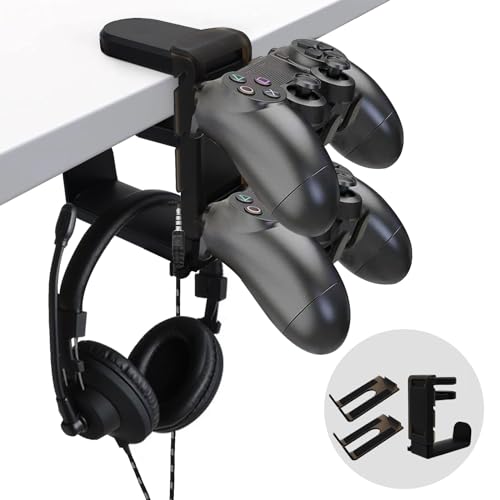 2 in 1 Kopfhörer Ständer Controller Halter, 360° Drehbar Headset Halterung Tisch mit Kabel Organizer, Universal Kopfhörerständer Gaming Zubehör (Schwarz) Bild 1