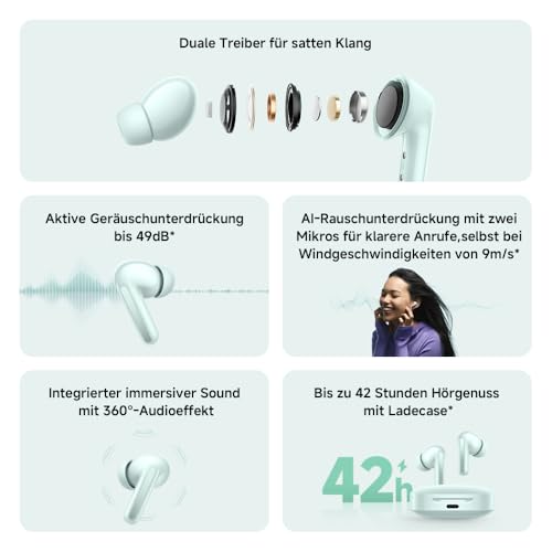 XIAOMI Redmi Buds 6 – Kabellose Bluetooth-In-Ear-Kopfhörer, Dual-Treiber, immersiver Sound, 49 dB aktive Geräuschunterdrückung, bis zu 10h+42h Akkulaufzeit, IP54, Schwarz Bild 2