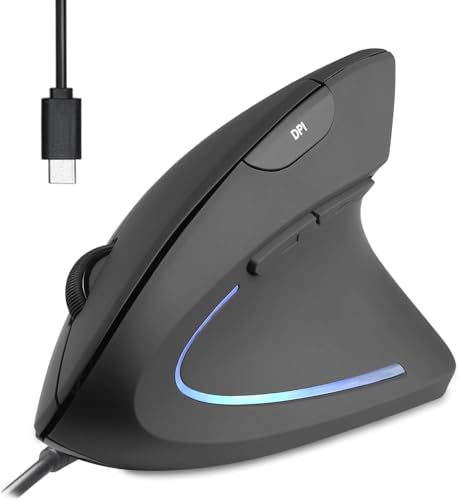 Perixx PERIMICE-513C Kabelgebundene Vertikale USB-C Maus, 6 Tasten, 1000/1600 DPI, Rechtshänder-Design, 1,8m Typ C Kabel, Schwarz Bild 1