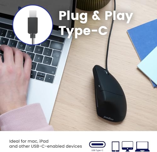 Perixx PERIMICE-513C Kabelgebundene Vertikale USB-C Maus, 6 Tasten, 1000/1600 DPI, Rechtshänder-Design, 1,8m Typ C Kabel, Schwarz Bild 2