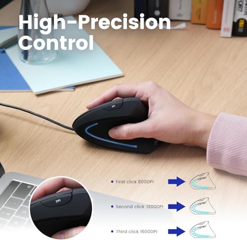 Perixx PERIMICE-513C Kabelgebundene Vertikale USB-C Maus, 6 Tasten, 1000/1600 DPI, Rechtshänder-Design, 1,8m Typ C Kabel, Schwarz Bild 3