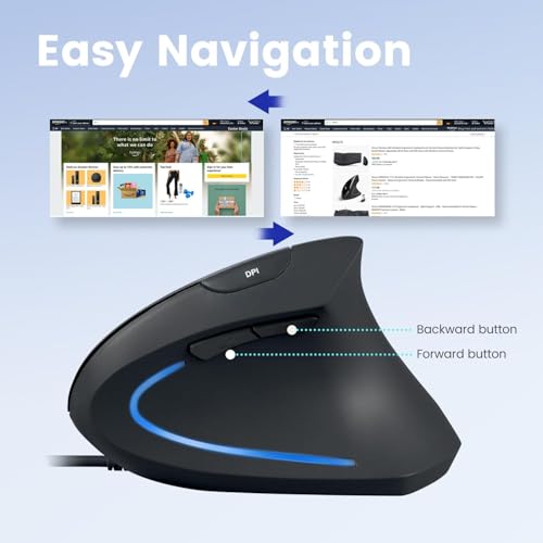 Perixx PERIMICE-513C Kabelgebundene Vertikale USB-C Maus, 6 Tasten, 1000/1600 DPI, Rechtshänder-Design, 1,8m Typ C Kabel, Schwarz Bild 4