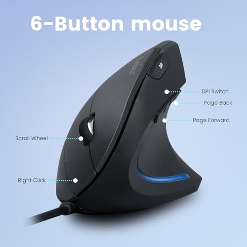 Perixx PERIMICE-513C Kabelgebundene Vertikale USB-C Maus, 6 Tasten, 1000/1600 DPI, Rechtshänder-Design, 1,8m Typ C Kabel, Schwarz Bild 5