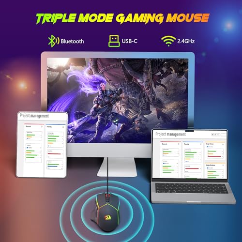 Redragon Kabellose Gaming Mouse, 2.4G/USB-C/Bluetooth Ergonomische Mouse Gaming, 8000 DPI, RGB Back-Light, voll programmierbar, wiederaufladbare Wireless Computer-Mouses für Laptop PC Mac, M814 Bild 2