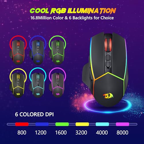 Redragon Kabellose Gaming Mouse, 2.4G/USB-C/Bluetooth Ergonomische Mouse Gaming, 8000 DPI, RGB Back-Light, voll programmierbar, wiederaufladbare Wireless Computer-Mouses für Laptop PC Mac, M814 Bild 3