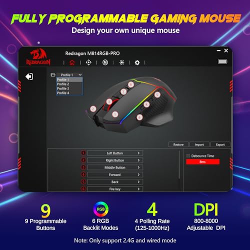 Redragon Kabellose Gaming Mouse, 2.4G/USB-C/Bluetooth Ergonomische Mouse Gaming, 8000 DPI, RGB Back-Light, voll programmierbar, wiederaufladbare Wireless Computer-Mouses für Laptop PC Mac, M814 Bild 4