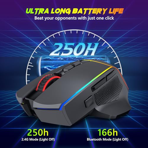 Redragon Kabellose Gaming Mouse, 2.4G/USB-C/Bluetooth Ergonomische Mouse Gaming, 8000 DPI, RGB Back-Light, voll programmierbar, wiederaufladbare Wireless Computer-Mouses für Laptop PC Mac, M814 Bild 6