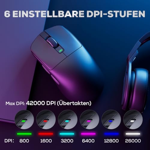RK ROYAL KLUDGE M3 Wireless Gaming Mouse mit PAW3950 30K DPI Sensor, 47g Lightweight Maus Gaming, 8K Polling, Kabelgebunden/2.4G/BT Wireless Mouse, 650mAh, 5 programmierbare Tasten, Schwarz Bild 5