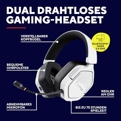 Trust GXT 1493W Ravox Gaming Headset Wireless Bluetooth + 2.4 GHz für PS5 PS4 Switch PC Xbox Mobile, 50mm Treiber, 70H Akkulaufzeit, Over-Ear Kopfhörer Kabellos Bluetooth mit Mikrofon, Weiß Bild 2