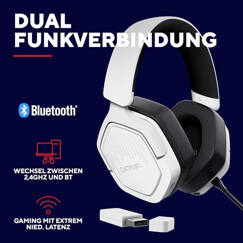 Trust GXT 1493W Ravox Gaming Headset Wireless Bluetooth + 2.4 GHz für PS5 PS4 Switch PC Xbox Mobile, 50mm Treiber, 70H Akkulaufzeit, Over-Ear Kopfhörer Kabellos Bluetooth mit Mikrofon, Weiß Bild 3