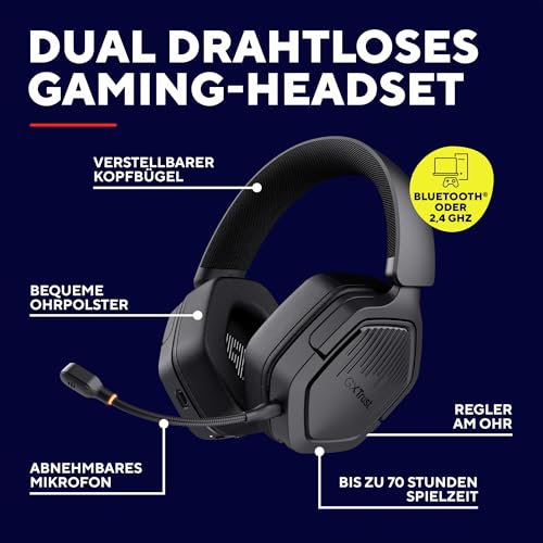 Trust GXT 1493 Ravox Gaming Headset Wireless Bluetooth + 2.4 GHz für PS5 PS4 Switch PC Xbox Mobile, 50mm Treiber, 70H Akkulaufzeit, Over-Ear Kopfhörer Kabellos Bluetooth mit Mikrofon, Schwarz Bild 2