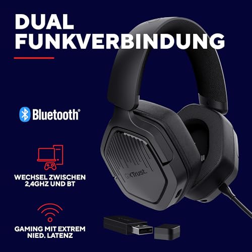 Trust GXT 1493 Ravox Gaming Headset Wireless Bluetooth + 2.4 GHz für PS5 PS4 Switch PC Xbox Mobile, 50mm Treiber, 70H Akkulaufzeit, Over-Ear Kopfhörer Kabellos Bluetooth mit Mikrofon, Schwarz Bild 3