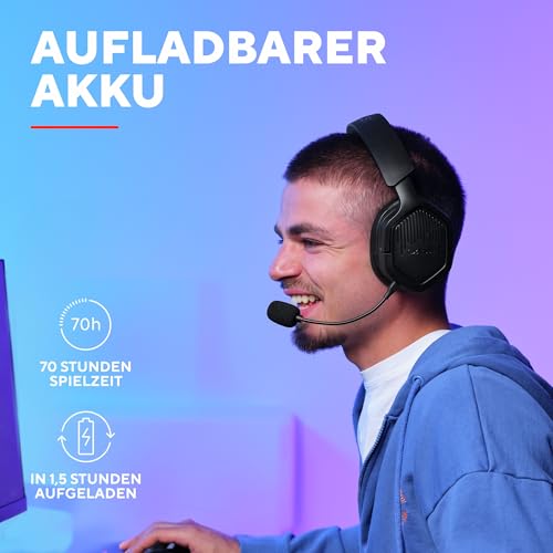Trust GXT 1493 Ravox Gaming Headset Wireless Bluetooth + 2.4 GHz für PS5 PS4 Switch PC Xbox Mobile, 50mm Treiber, 70H Akkulaufzeit, Over-Ear Kopfhörer Kabellos Bluetooth mit Mikrofon, Schwarz Bild 6