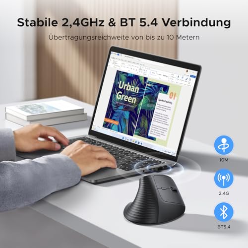 UGREEN 2.4G & Bluetooth Maus Kabellos Vertikale Ergonomische Maus für Windows/Mac OS uzw, 1000/1600/2000/4000 DPI, 6 Tasten (2.4G+BT 5.4) Bild 3