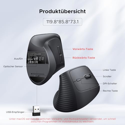UGREEN 2.4G & Bluetooth Maus Kabellos Vertikale Ergonomische Maus für Windows/Mac OS uzw, 1000/1600/2000/4000 DPI, 6 Tasten (2.4G+BT 5.4) Bild 7