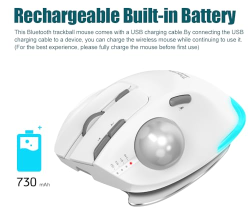 zelotes Trackball Maus Kabellos,Kabellose Bluetooth Maus,4800DPI,BT 5.0/3.0 + 2.4G,Daumenbedienung,Wiederaufladbar Ergonomische Funkmaus mit USB-Empfänger für Laptop,PC,Tablets,Weiß Bild 6