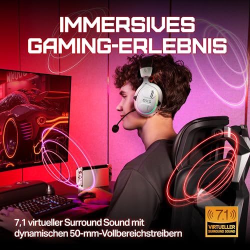 OXS Storm G2 Kabelloses Gaming-Headset, 7,1 Virtueller Surround Sound, 3 EQ Modi, 2,4 GHz Niedrige Latenz, 50 mm Treiber, RGB Beleuchtung, Bluetooth 5.3, Kompatibel mit PC, Konsole, Handy, Weiß Bild 2