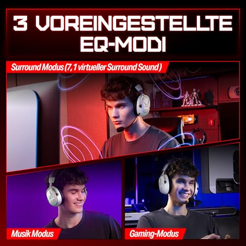 OXS Storm G2 Kabelloses Gaming-Headset, 7,1 Virtueller Surround Sound, 3 EQ Modi, 2,4 GHz Niedrige Latenz, 50 mm Treiber, RGB Beleuchtung, Bluetooth 5.3, Kompatibel mit PC, Konsole, Handy, Weiß Bild 3