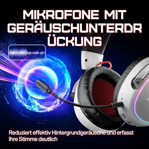 OXS Storm G2 Kabelloses Gaming-Headset, 7,1 Virtueller Surround Sound, 3 EQ Modi, 2,4 GHz Niedrige Latenz, 50 mm Treiber, RGB Beleuchtung, Bluetooth 5.3, Kompatibel mit PC, Konsole, Handy, Weiß Bild 4