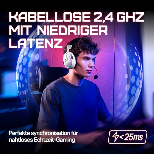 OXS Storm G2 Kabelloses Gaming-Headset, 7,1 Virtueller Surround Sound, 3 EQ Modi, 2,4 GHz Niedrige Latenz, 50 mm Treiber, RGB Beleuchtung, Bluetooth 5.3, Kompatibel mit PC, Konsole, Handy, Weiß Bild 6
