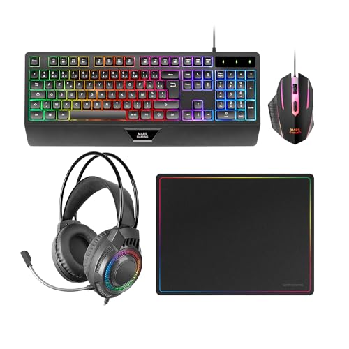 Mars Gaming MCP124PRO, Spanisch, Gaming-Combo 4in1, RGB H-Mech-Tastatur mit Handballenauflage, RGB-Maus 3200DPI HUANO-Schalter, FRGB-Headset, Nanotextil-Mauspad 36x26cm, Multiplattform, Schwarz Bild 1