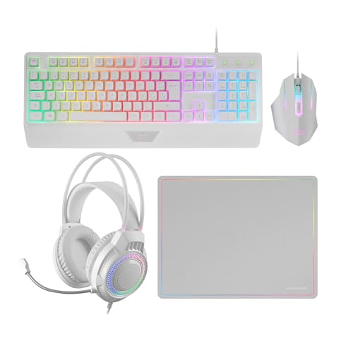Mars Gaming MCP124PRO, Portugiesisch, Gaming-Combo 4in1, RGB H-Mech-Tastatur mit Handballenauflage, RGB-Maus 3200DPI HUANO-Schalter, FRGB-Headset, Nanotextil-Mauspad 36x26cm, Multiplattform, Weiß Bild 1