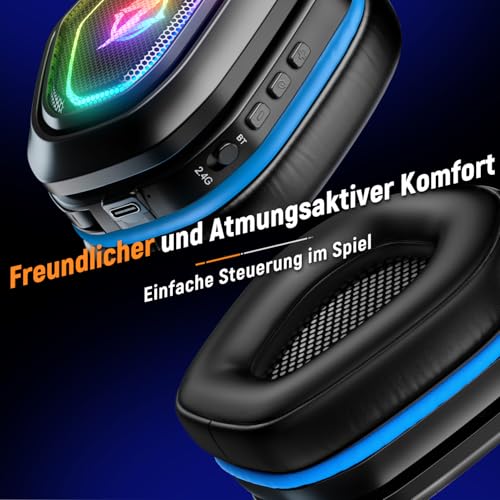Ozeino Wireless Gaming Headset für PC/Ps4/Ps5 Gaming-Kopfhörer mit USB-A & USB-C Transmitter Gamer Headset mit Mikrofon und RGB-Licht Bluetooth-Headset für Laptop/Mobile/Mac Bild 4