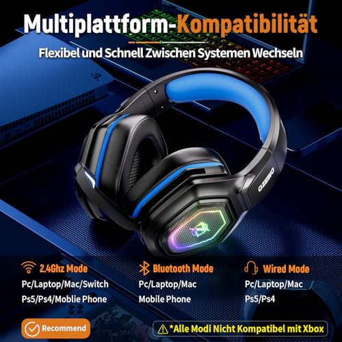 Ozeino Wireless Gaming Headset für PC/Ps4/Ps5 Gaming-Kopfhörer mit USB-A & USB-C Transmitter Gamer Headset mit Mikrofon und RGB-Licht Bluetooth-Headset für Laptop/Mobile/Mac Bild 5