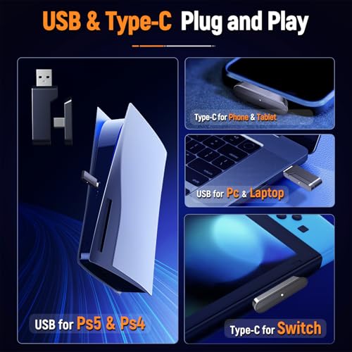 Ozeino Wireless Gaming Headset für PC/Ps4/Ps5 Gaming-Kopfhörer mit USB-A & USB-C Transmitter Gamer Headset mit Mikrofon und RGB-Licht Bluetooth-Headset für Laptop/Mobile/Mac Bild 6