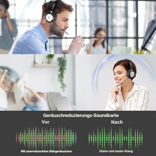 Wantek Bluetooth-Headset mit Mikrofon für PC, V5.2, Kabelloses Headset mit Rauschunterdrückungs-Mikrofon, USB-Dongle, Ladestation und Stummschalttaste für Arbeit, Handys, Computer Bild 2