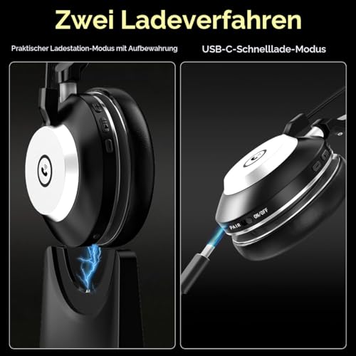 Wantek Bluetooth-Headset mit Mikrofon für PC, V5.2, Kabelloses Headset mit Rauschunterdrückungs-Mikrofon, USB-Dongle, Ladestation und Stummschalttaste für Arbeit, Handys, Computer Bild 4