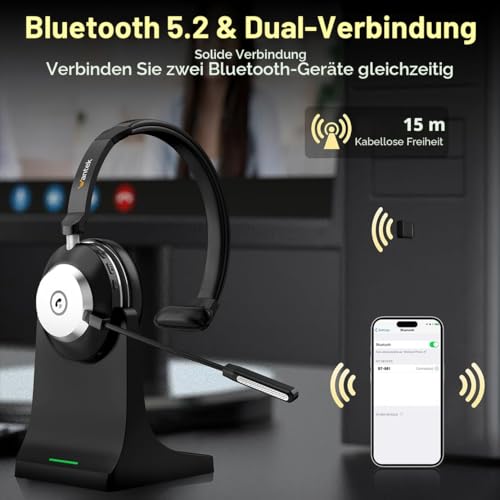 Wantek Bluetooth-Headset mit Mikrofon für PC, V5.2, Kabelloses Headset mit Rauschunterdrückungs-Mikrofon, USB-Dongle, Ladestation und Stummschalttaste für Arbeit, Handys, Computer Bild 6