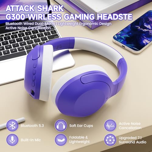 LexonElec x Attack Shark G300 Kabelloses ANC-Over-Ear-Headset, Bluetooth 5.3, Deep Bass HD-Stereo-Sound, 20h Spielzeit, integriertes Mikrofon, Leichtes Design, 3,5mm Gaming-Headset (Lila) Bild 2