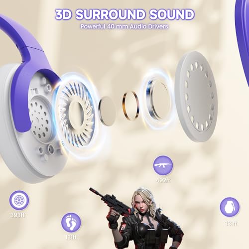 LexonElec x Attack Shark G300 Kabelloses ANC-Over-Ear-Headset, Bluetooth 5.3, Deep Bass HD-Stereo-Sound, 20h Spielzeit, integriertes Mikrofon, Leichtes Design, 3,5mm Gaming-Headset (Lila) Bild 4